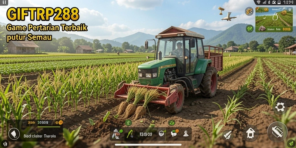 Screenshot gameplay GIFTRP288 menampilkan ladang hijau dan hewan ternak.