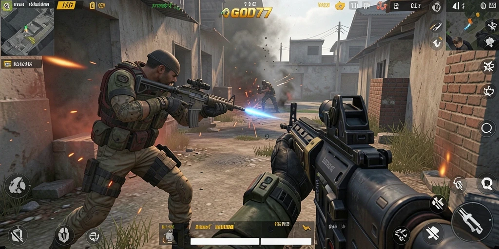 Gameplay mendebarkan dari GOD77 menampilkan pertarungan FPS yang intens.