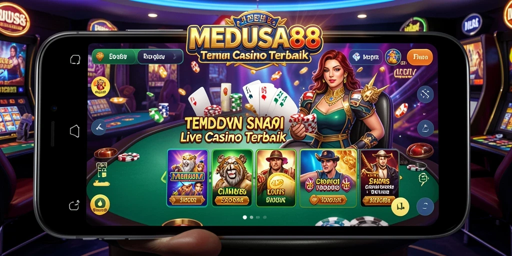 Screenshot gameplay MEDUSA88 menampilkan dealer profesional dan suasana kasino yang hidup.