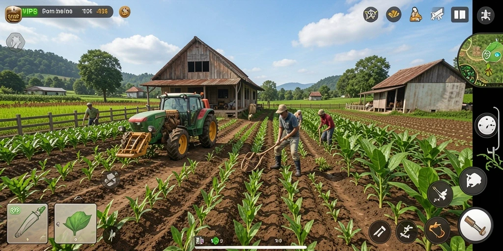 Gameplay menarik dalam SVIP8 menampilkan kebun yang subur dan hewan ternak.