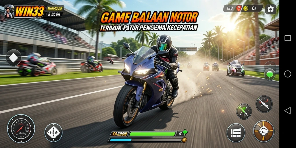Gameplay mendebarkan balapan motor di lintasan menantang.